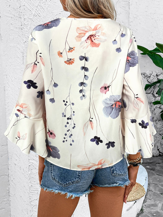 Honey Ruffled Printed V-Neck Half Sleeve Blouse  Jessie Knowles