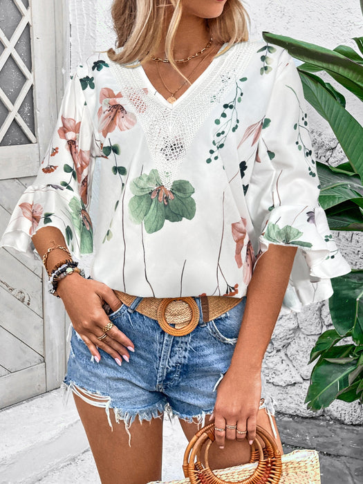 Honey Ruffled Printed V-Neck Half Sleeve Blouse  Jessie Knowles