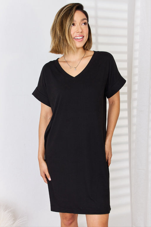 Zenana Full Size Rolled Short Sleeve V-Neck Dress  Jessie Knowles