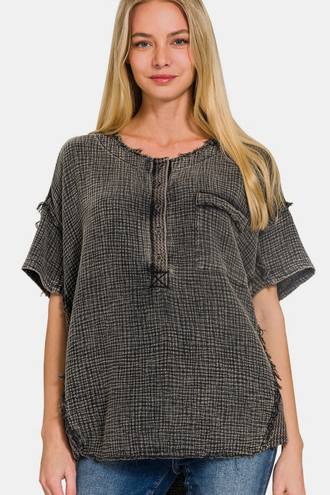 Zenana Washed Texture Half Button T-Shirt  Jessie Knowles