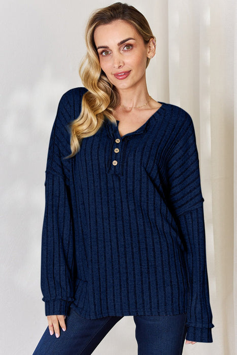 Basic Bae Ribbed Half Button Long Sleeve T-Shirt TOPS Jessie Knowles