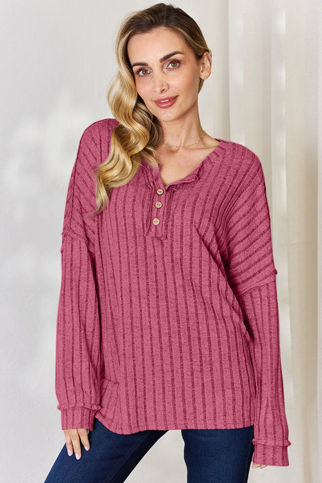 Basic Bae Ribbed Half Button Long Sleeve T-Shirt TOPS Jessie Knowles