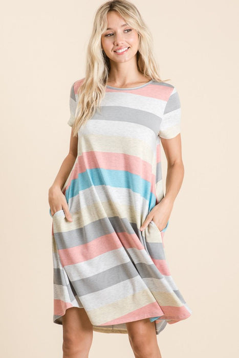 BOMBOM Striped Short Sleeve Dress with Pockets DRESSES Jessie Knowles