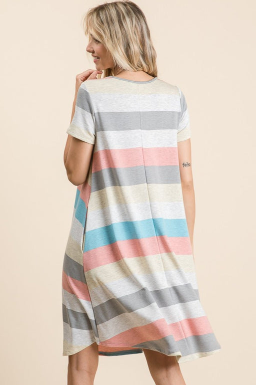 BOMBOM Striped Short Sleeve Dress with Pockets DRESSES Jessie Knowles