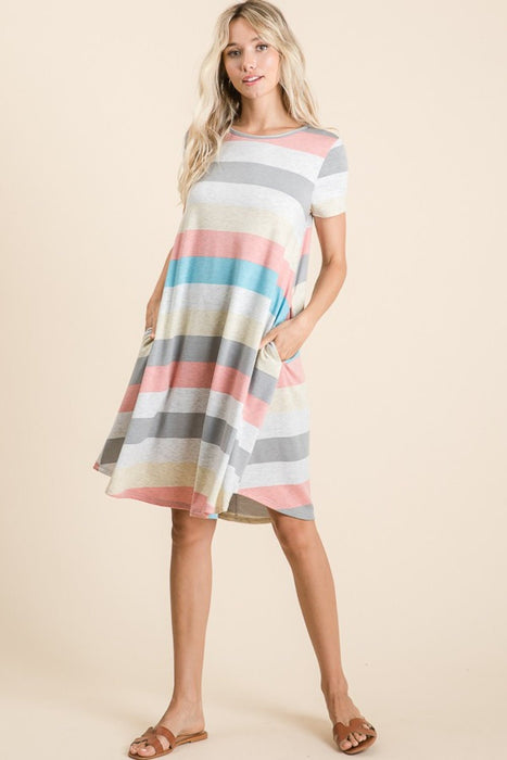 BOMBOM Striped Short Sleeve Dress with Pockets DRESSES Jessie Knowles