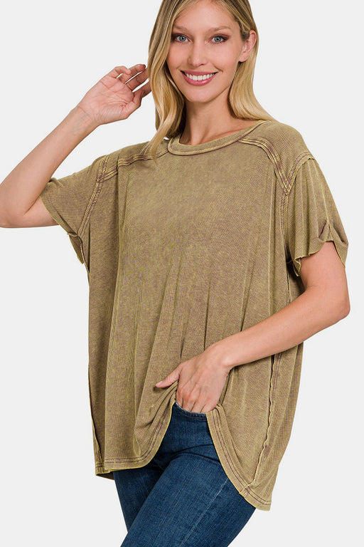 Zenana Washed Ribbed Short Sleeve Top  Jessie Knowles