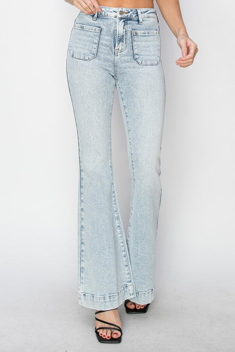 Risen Full Size High Rise Front Patch Pocket Flare Jeans  Jessie Knowles