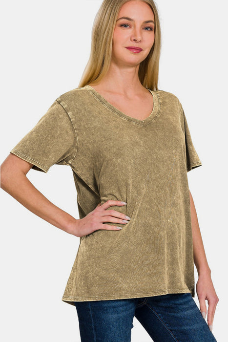 Zenana Washed Short Sleeve V-Neck T-Shirt  Jessie Knowles