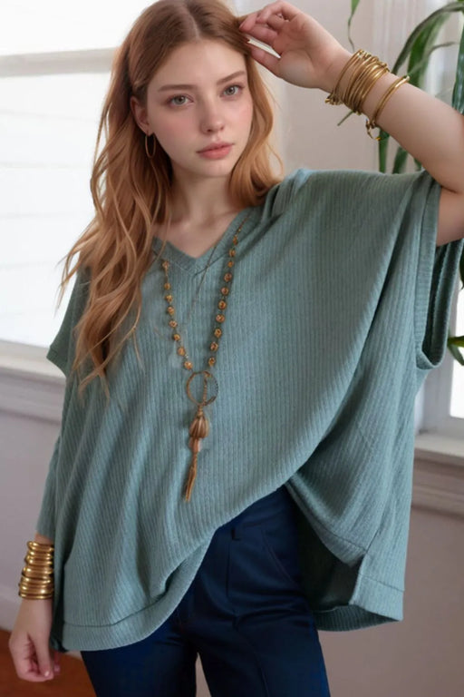 Oversized Ribbed Knit V Neck Dolman Short Sleeve Top TOPS Jessie Knowles