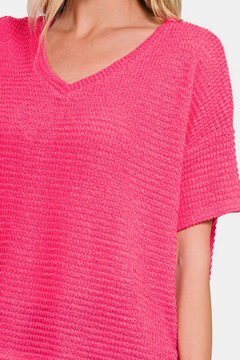 Zenana Drop Shoulder Short Sleeve Jacquard Knit Top  Jessie Knowles