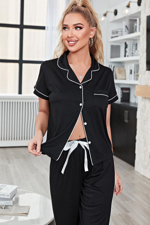 Contrast Piping Short Sleeve Top and Pants Pajama Set  Jessie Knowles