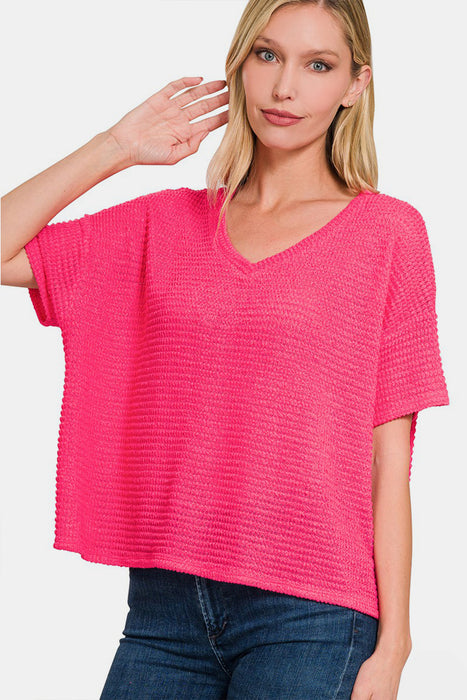 Zenana Drop Shoulder Short Sleeve Jacquard Knit Top  Jessie Knowles