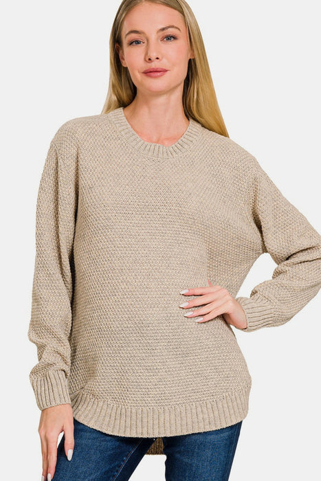 Zenana Ful Size Round Neck Long Sleeve Curved Hem Sweater  Jessie Knowles