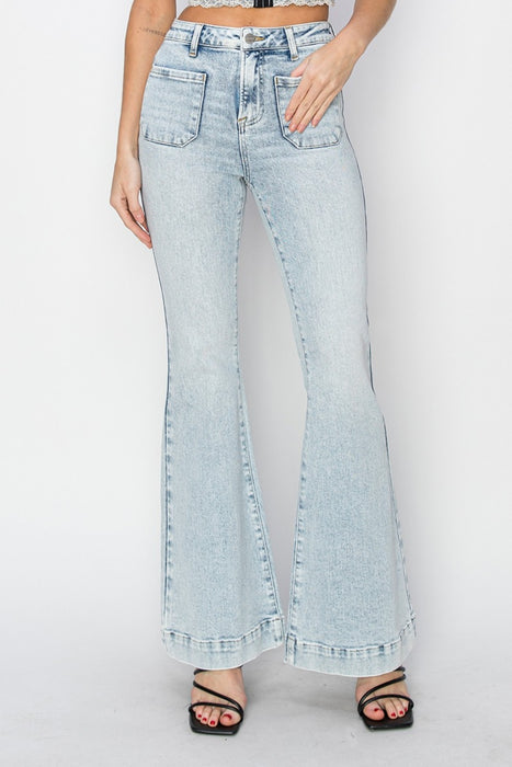 Risen Full Size High Rise Front Patch Pocket Flare Jeans  Jessie Knowles