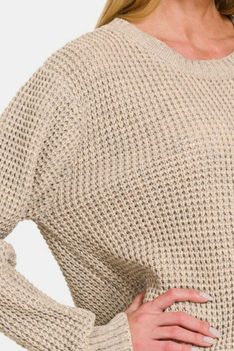 Zenana High Low Long Sleeve Waffle Sweater  Jessie Knowles