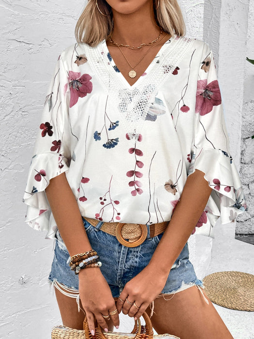 Honey Ruffled Printed V-Neck Half Sleeve Blouse  Jessie Knowles