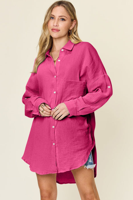 Double Take Pocketed Texture Button Up Shirt  Jessie Knowles