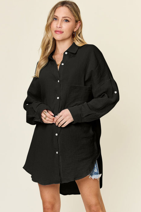 Double Take Pocketed Texture Button Up Shirt  Jessie Knowles