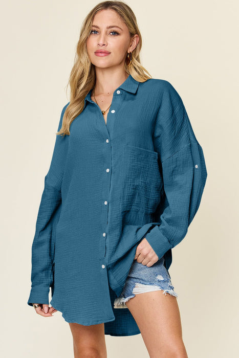 Double Take Pocketed Texture Button Up Shirt  Jessie Knowles