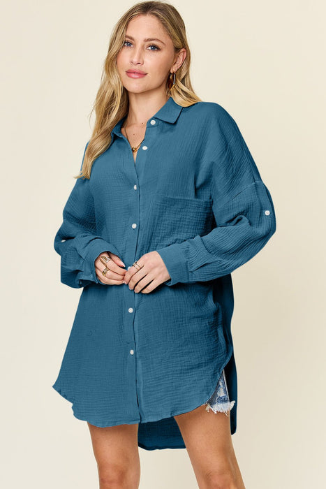 Double Take Pocketed Texture Button Up Shirt  Jessie Knowles