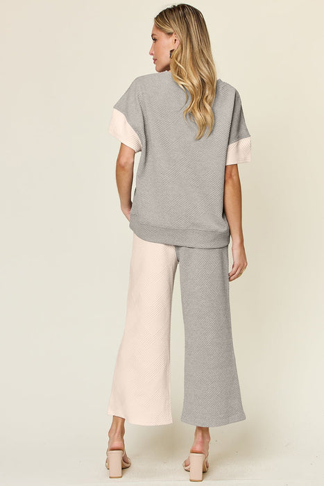 Double Take Texture Contrast T-Shirt and Wide Leg Pants Set TOPS Jessie Knowles