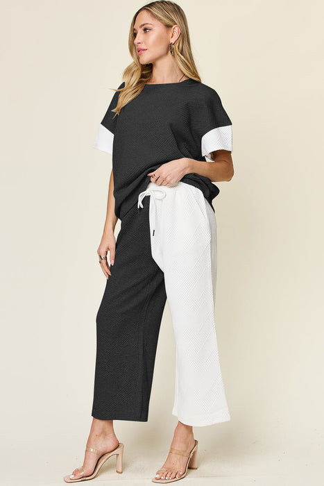 Double Take Texture Contrast T-Shirt and Wide Leg Pants Set TOPS Jessie Knowles