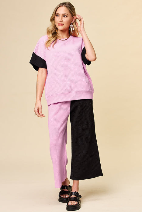 Double Take Texture Contrast T-Shirt and Wide Leg Pants Set TOPS Jessie Knowles