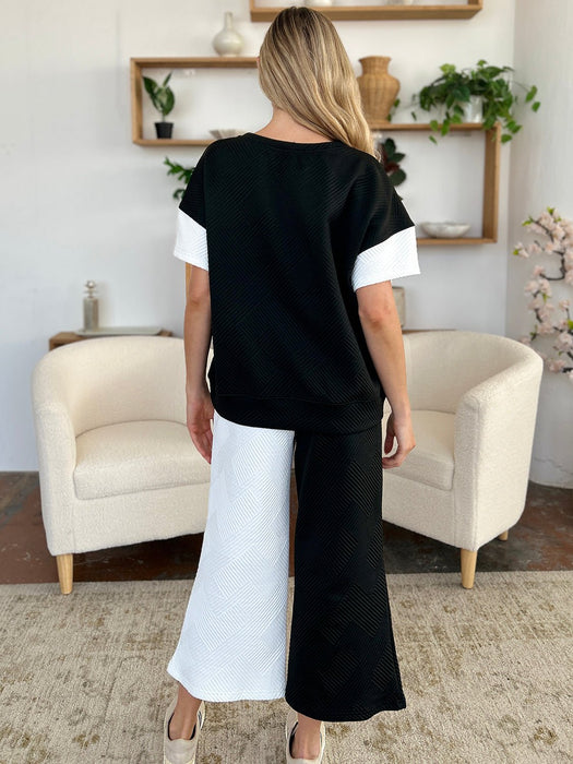 Double Take Texture Contrast T-Shirt and Wide Leg Pants Set TOPS Jessie Knowles