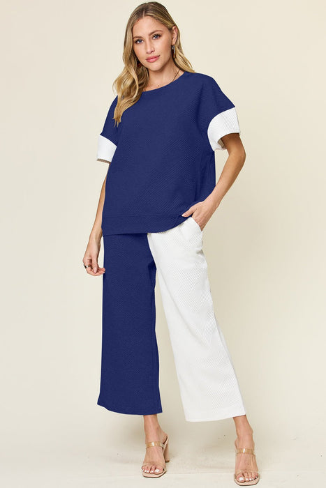 Double Take Texture Contrast T-Shirt and Wide Leg Pants Set TOPS Jessie Knowles