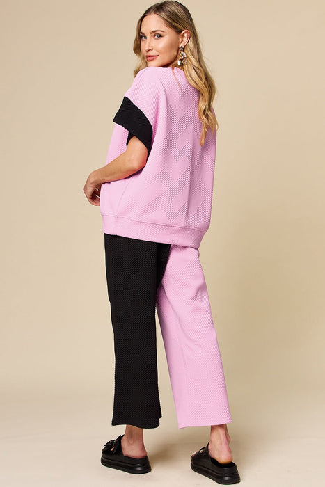 Double Take Texture Contrast T-Shirt and Wide Leg Pants Set TOPS Jessie Knowles