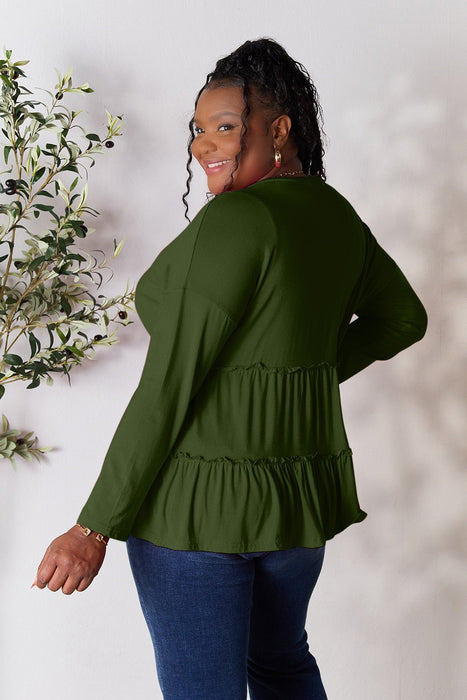 Double Take Half Button Long Sleeve Ruffle Hem Blouse  Jessie Knowles