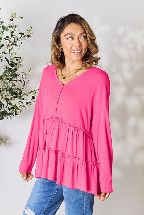 Double Take Half Button Long Sleeve Ruffle Hem Blouse  Jessie Knowles