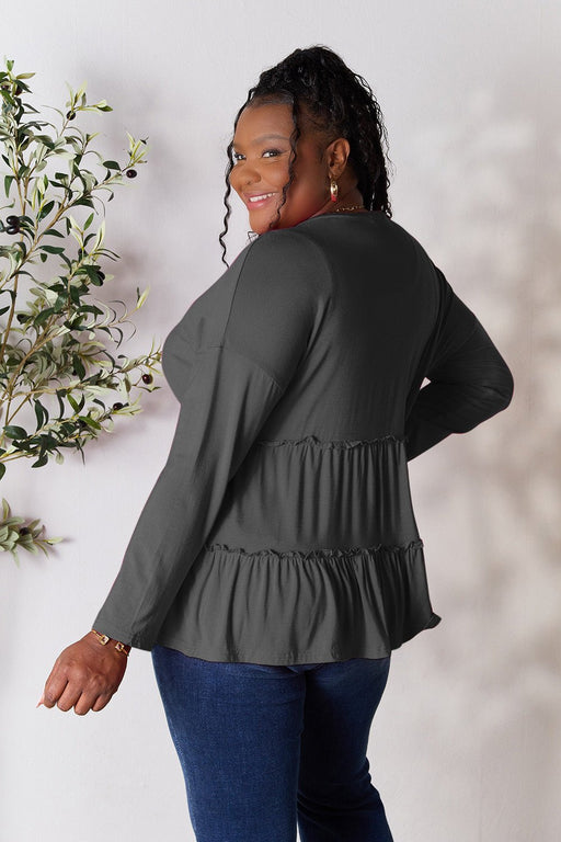 Double Take Half Button Long Sleeve Ruffle Hem Blouse  Jessie Knowles