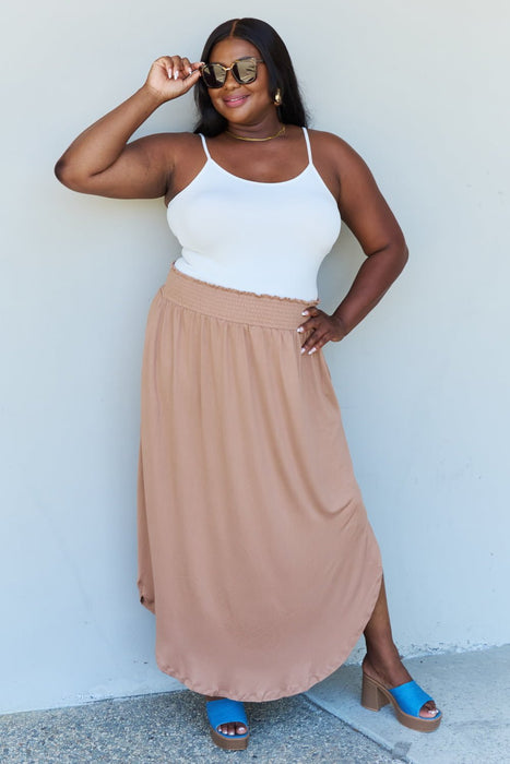 Doublju Comfort Princess High Waist Scoop Hem Maxi Skirt in Tan  Jessie Knowles