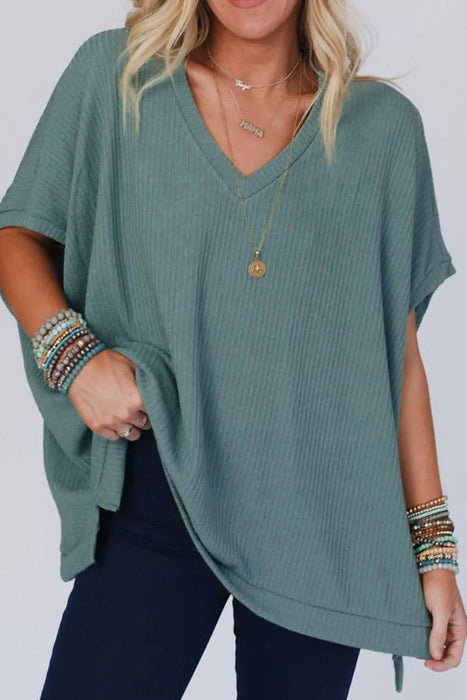 Oversized Ribbed Knit V Neck Dolman Short Sleeve Top TOPS Jessie Knowles
