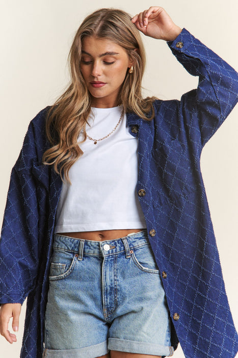 J.NNA Rhombus Stitched Button Up Denim Shacket  Jessie Knowles