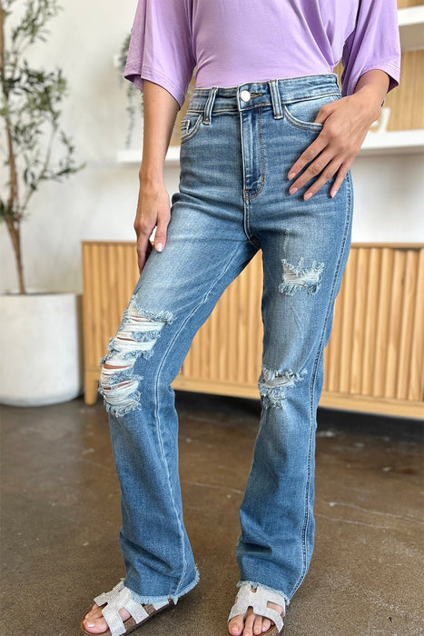 Judy Blue Distressed Raw Hem Bootcut Jeans BOTTOMS Jessie Knowles