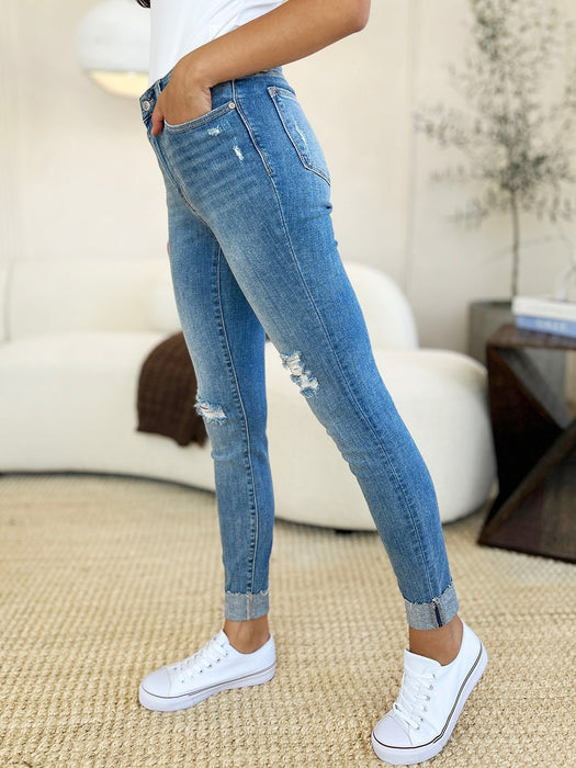 Mid Rise Destroy & Cuff Skinny Jeans - Judy Blue BOTTOMS Jessie Knowles