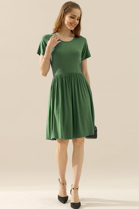 Ninexis Round Neck Ruched Dress with Pockets  Jessie Knowles