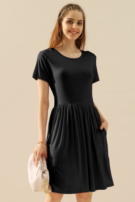 Ninexis Round Neck Ruched Dress with Pockets  Jessie Knowles