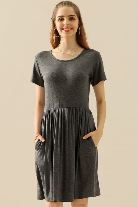 Ninexis Round Neck Ruched Dress with Pockets  Jessie Knowles