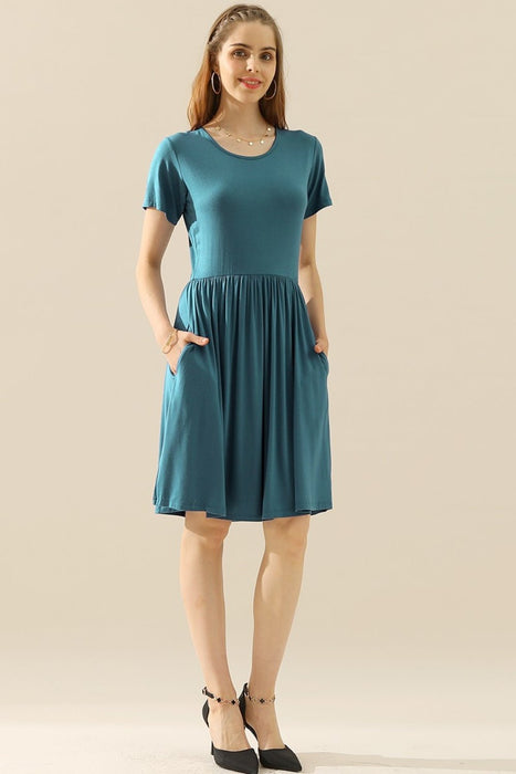 Ninexis Round Neck Ruched Dress with Pockets  Jessie Knowles