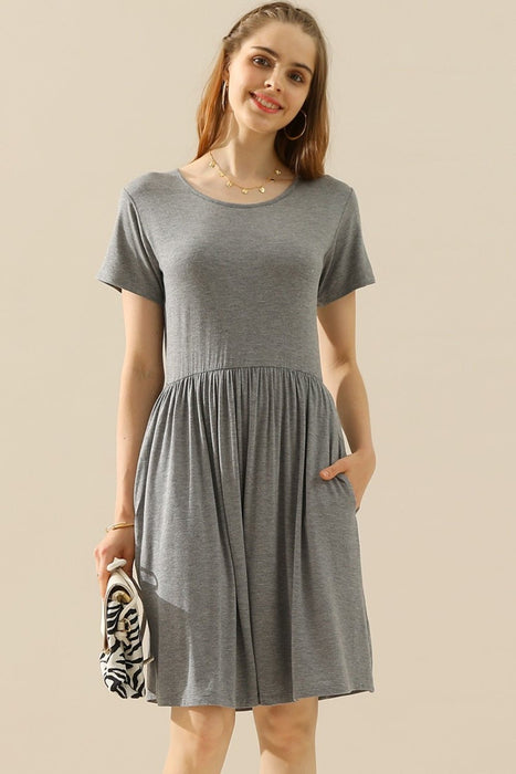 Ninexis Round Neck Ruched Dress with Pockets  Jessie Knowles