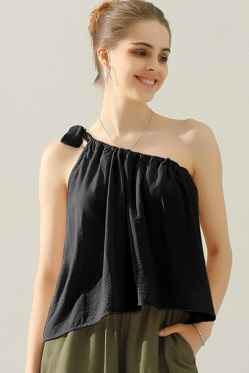 Ninexis One Shoulder Bow Tie Strap Satin Silk Top  Jessie Knowles