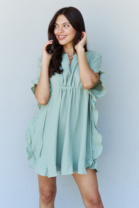 Ninexis Out Of Time Ruffle Hem Dress with Drawstring Waistband in Light Sage SWIMWEAR Jessie Knowles