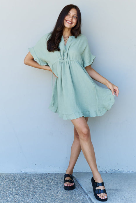 Ninexis Out Of Time Ruffle Hem Dress with Drawstring Waistband in Light Sage SWIMWEAR Jessie Knowles