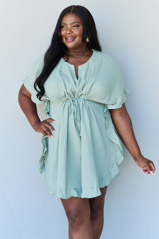 Ninexis Out Of Time Ruffle Hem Dress with Drawstring Waistband in Light Sage SWIMWEAR Jessie Knowles