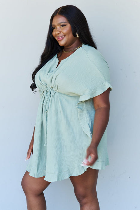 Ninexis Out Of Time Ruffle Hem Dress with Drawstring Waistband in Light Sage SWIMWEAR Jessie Knowles