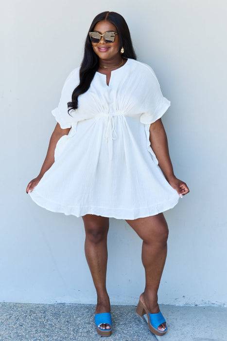 Ninexis Out Of Time Ruffle Hem Dress with Drawstring Waistband in White DRESSES Jessie Knowles