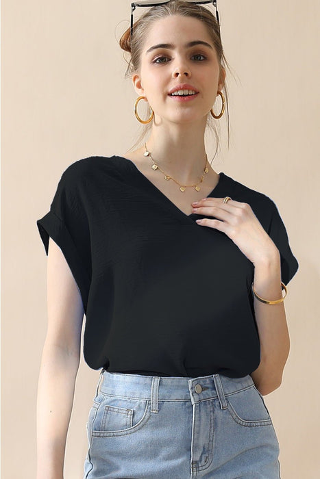 Ninexis V-Neck Trim Rolled Short Sleeve Shirt TOPS Jessie Knowles